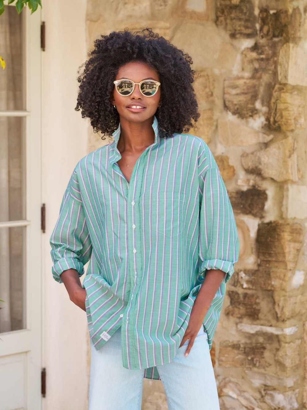 Frank & Eileen Shirley Green Stripe Italian Cotton
